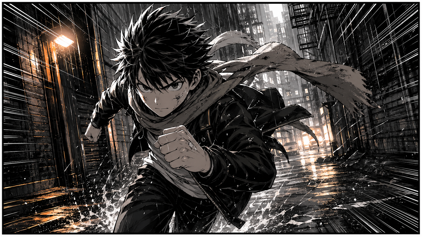 Shonen AI manga example of a hero running through rain