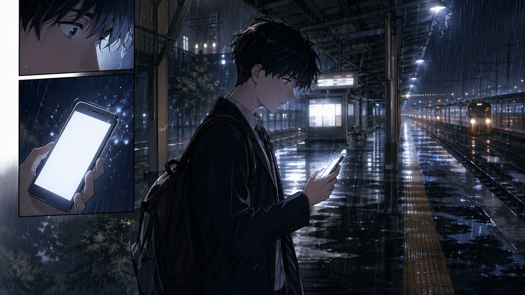 Vertical webtoon AI manga example at a night station