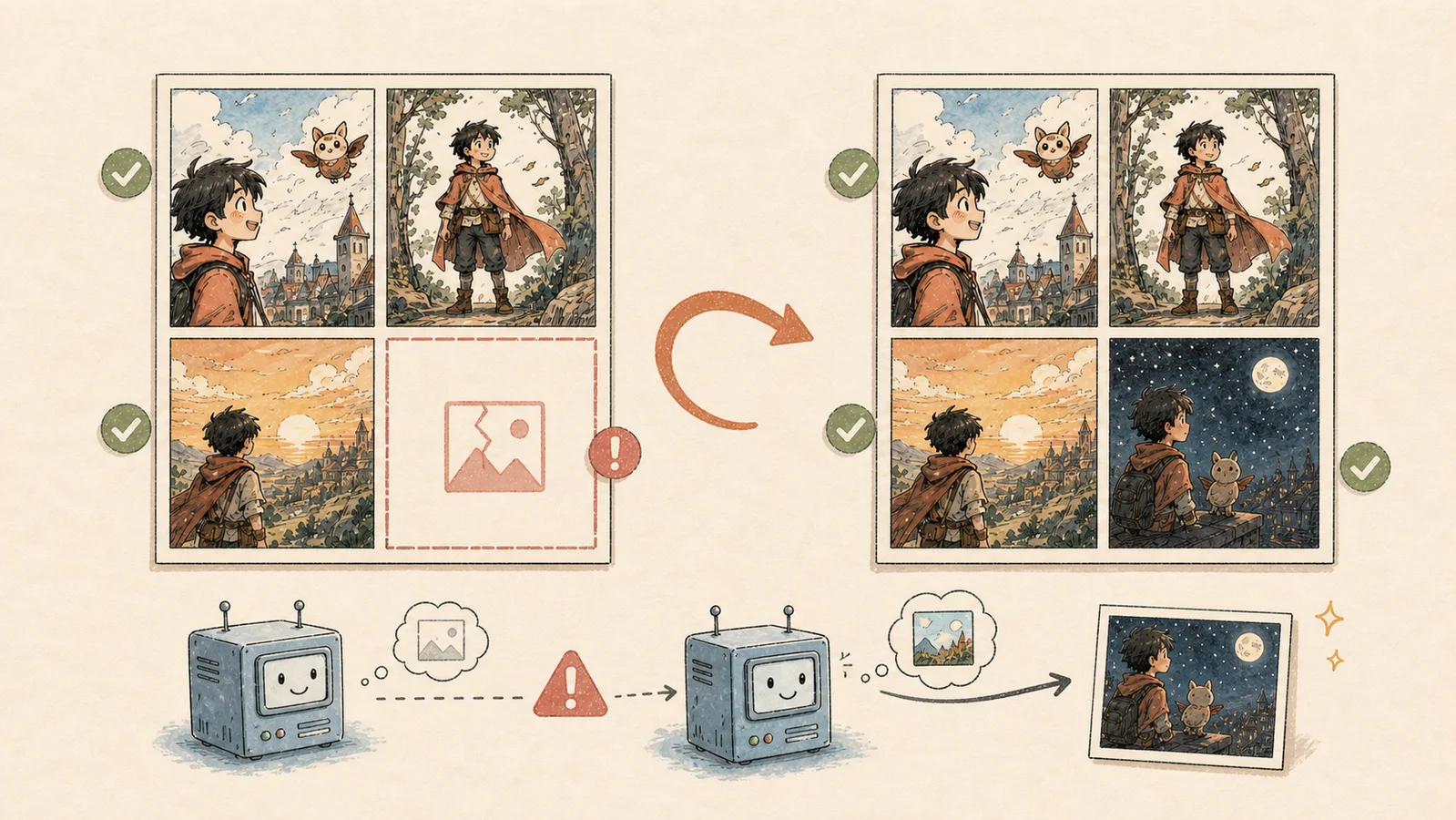 Eine KI-Comicseite behält drei fertige Panels und wiederholt nur das fehlgeschlagene über eine Ersatzroute