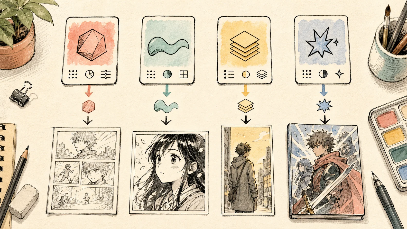 Hand-drawn model cards turning into different comic outputs