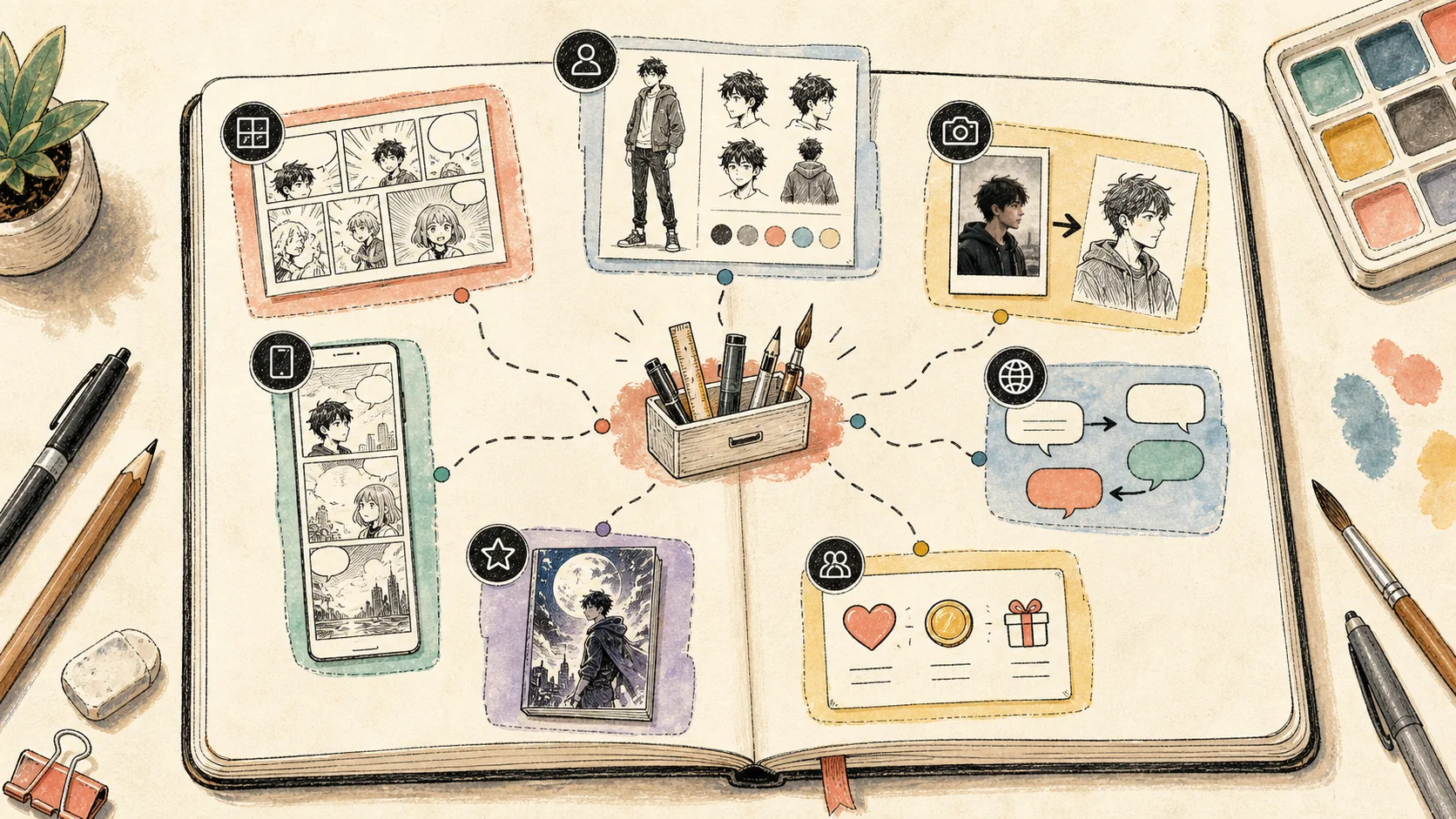 Hand-drawn notebook map of ComicsAI tools for pages, Webtoon, characters, images, translation, and rewards