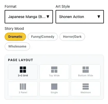 Select from manga panels, webtoon format, or custom grid layouts