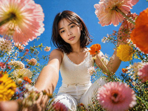 Official GPT Image 2 example showing a realistic portrait surrounded by colorful flowers