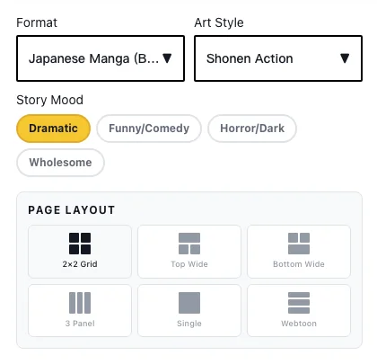 Choose your comic layout - manga panels, webtoon format, or custom grids