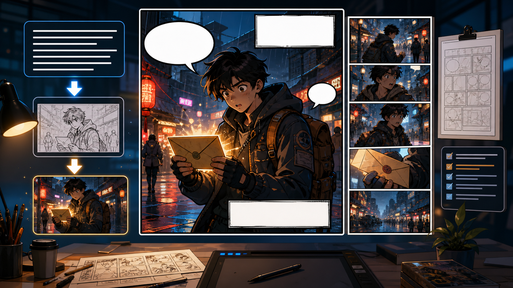 AI comic generator workflow with prompt notes and comic panel previews