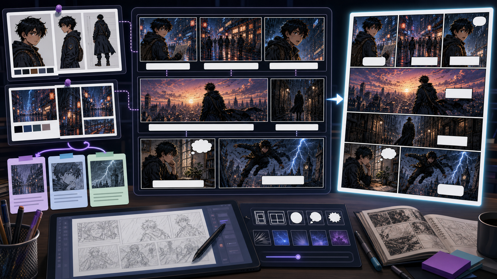 AI Comic Maker workflow board assembling panels references captions and previews