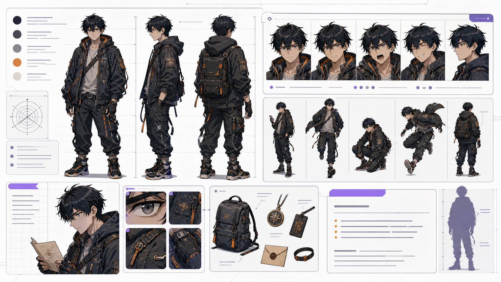 Character Sheet Generator production reference sheet with multiple views