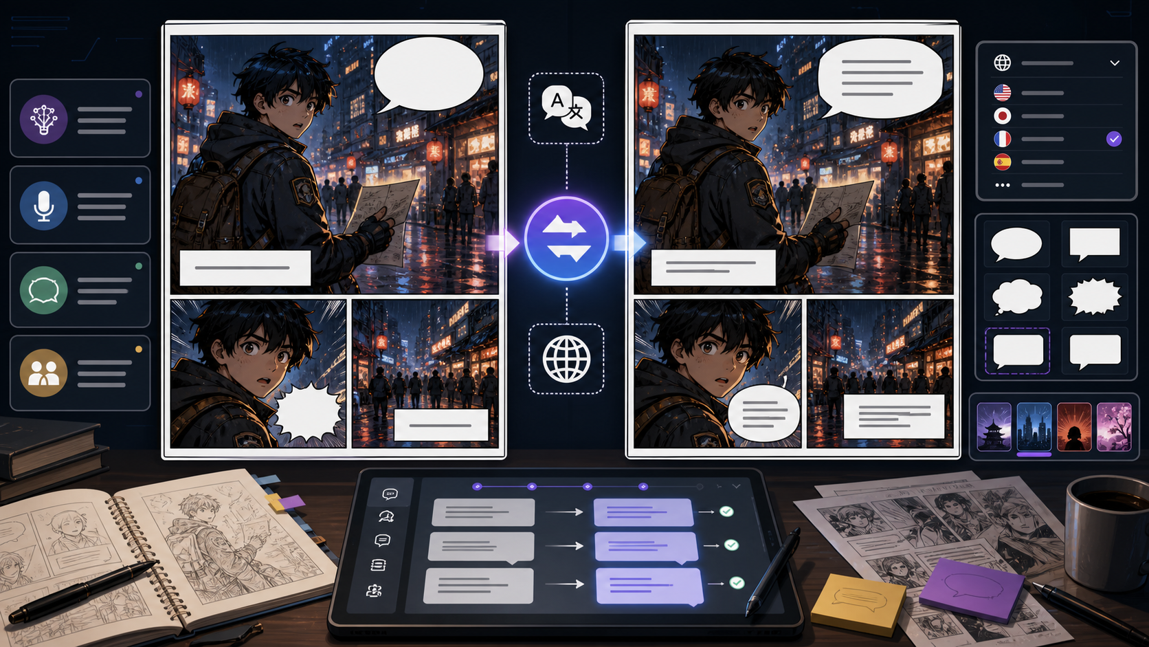 Comic Translator localization workspace with adapted speech bubbles