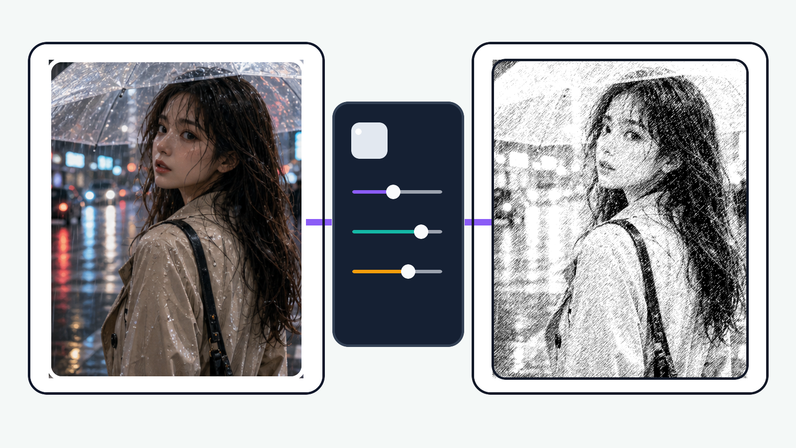 Photo to Sketch AI converter showing a real photo transformed into a black and white sketch draft