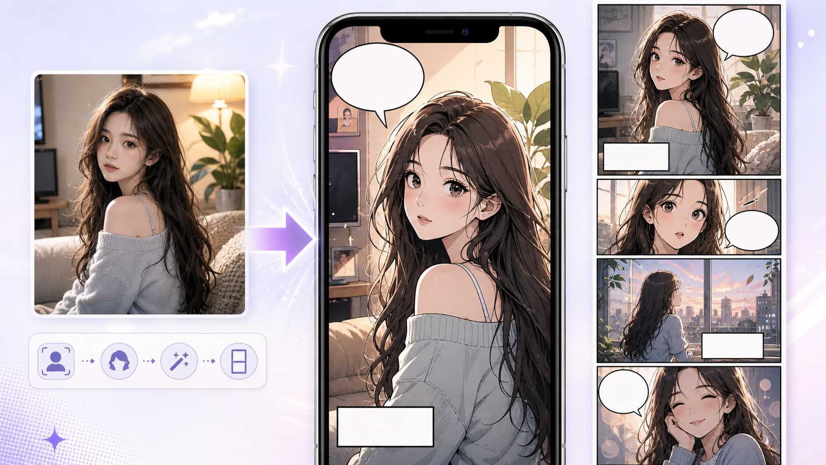 Photo to Webtoon conversion with vertical mobile episode panel